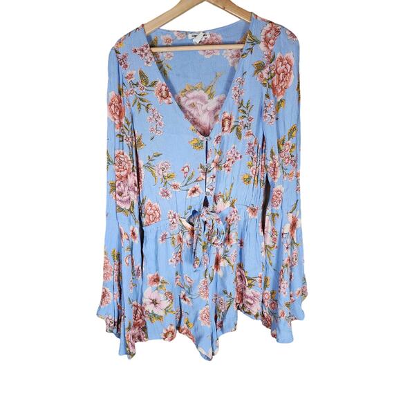 Billabong Pants - BILLABONG Sky Blue Floral Bell Sleeve Tie Front Romper SZ M